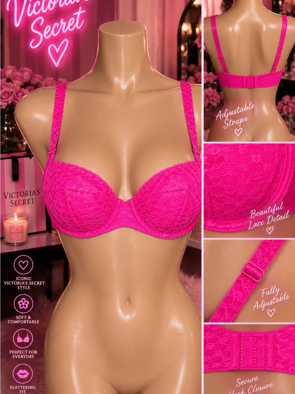 Victoria's Secret Hot Pink Lace Underwire Bikini Top